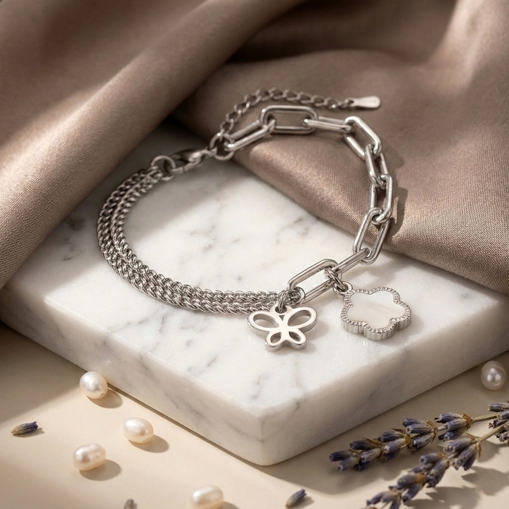 18K White Gold Plated Stainless Steel Butterfly Flower Charm Link Bracelet - Picture 9 of 11